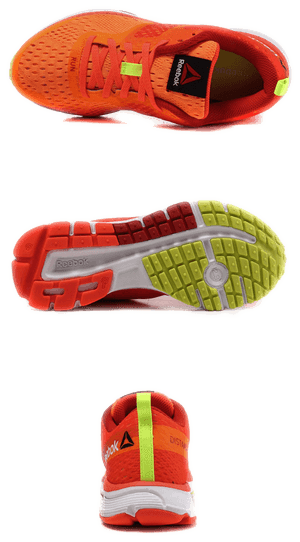 帶有黃色點綴的橙色 Reebok 跑鞋從三個角度顯示。