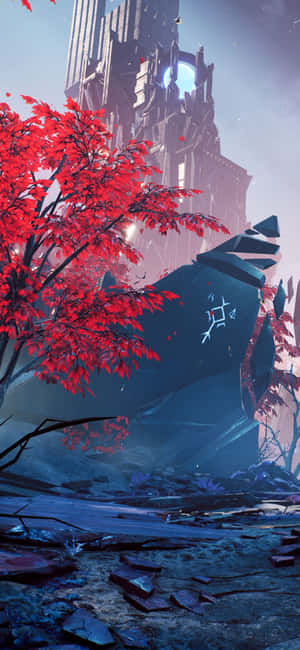 月光下，破碎的未來建築前的紅楓樹。 — iPhone 16 Plus 壁紙
