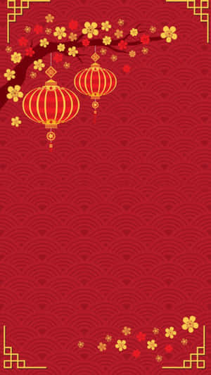 紅色背景配金色燈籠和梅花，用於農曆新年慶祝。 — 春節 壁紙