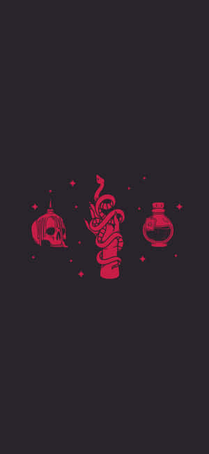 深色背景上的紅色神秘符號，包括骷髏瓶、盤蛇和藥水瓶。 — iPhone 18 Pro Max 壁紙