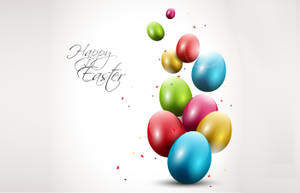 色彩繽紛的光澤復活節彩蛋與五彩紙屑和草書Happy Easter文字一起漂浮。 — 復活節 壁紙