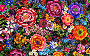 一幅色彩繽紛、密集的花卉插圖，包含各種花朵和綠葉。 — 花朵美學動態圖 壁紙