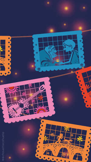 色彩繽紛的 papel picado 橫幅帶有文化圖案，在星空夜空中飄浮。 — 迪士尼聖誕節 GIF 壁紙