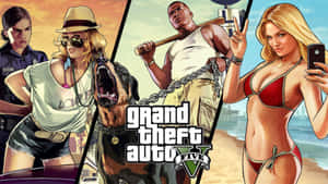 GTA V角色包括一名警察、一名帶狗的女士、一名帶鏈條的男子和一名在海灘上穿著比基尼的女士。 — 電玩遊戲 GIF 壁紙