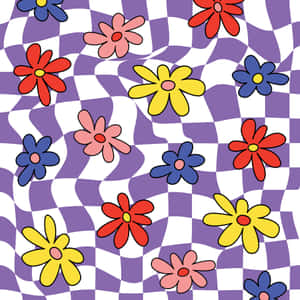 色彩繽紛的卡通花朵在波浪形紫色和白色格子圖案上。 — 80年代美學 壁紙