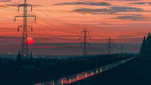 夕陽下，電線在潮濕的高速公路上延伸，橙色天空和樹木剪影。 — 日落 壁紙