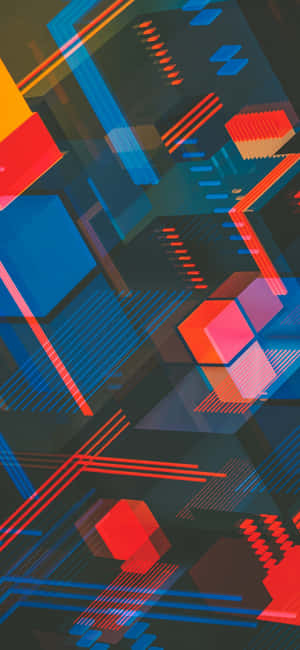 抽象數位藝術，帶有發光的紅色、藍色和黃色幾何形狀。 — 酷炫iPhone 壁紙