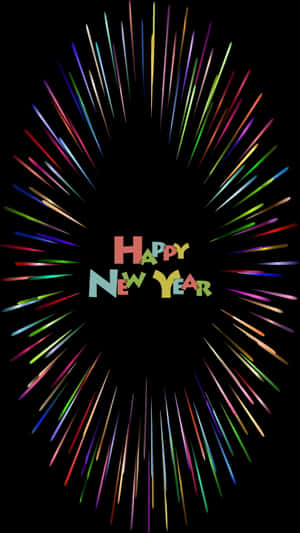 彩色煙火在黑色背景上的「Happy New Year」文字周圍綻放。 — 省電 壁紙