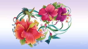 以木芙蓉和蜂鳥為主題的心形花卉設計，色彩鮮豔。 — 16:9 壁紙