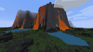在Minecraft遊戲場景中，熔岩從像素化的山脈流入河流。 — 我的世界 壁紙