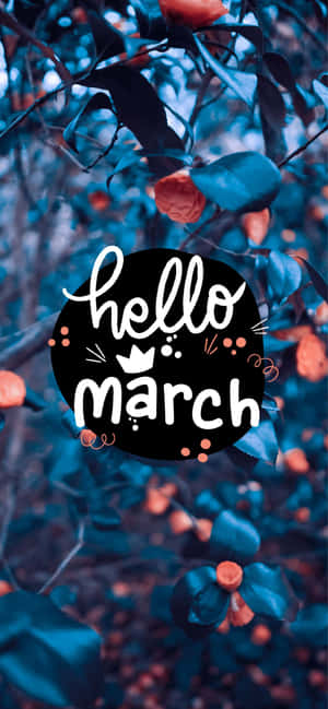 藍色調花卉背景，帶有橙色花朵和「hello march」圖形疊加。 — iPhone 15 Pro Max 壁紙
