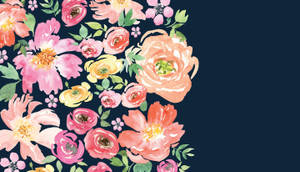 水彩花卉圖案，以粉紅、蜜桃和黃色花朵在深海軍藍背景上。 — 花朵 4K 壁紙