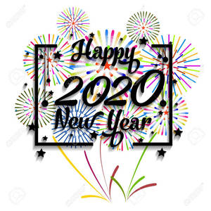 Happy 2020 New Year 文字被色彩繽紛的煙火和星星包圍。 — 新年快樂 2020 壁紙