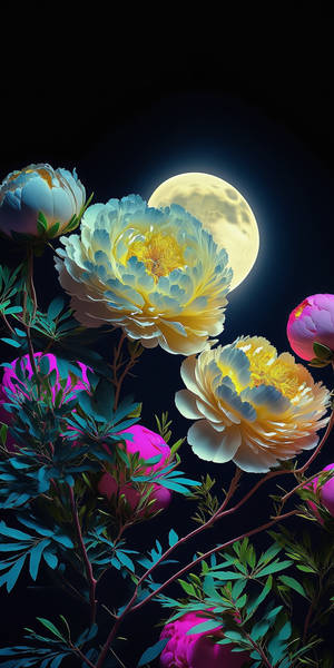 發光的牡丹在黑暗的夜景中，於閃爍的滿月下盛開。 — 花 iPhone 壁紙