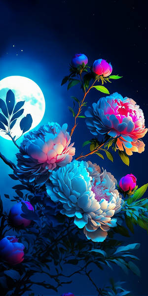 發光的牡丹在閃耀的滿月下綻放於繁星點點的夜空。 — 自然 iPhone 壁紙