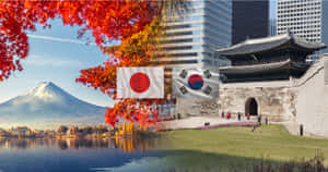 秋葉環繞著富士山和湖泊，旁邊有現代建築和韓國門樓，以及日本和韓國國旗。 — 日本 壁紙