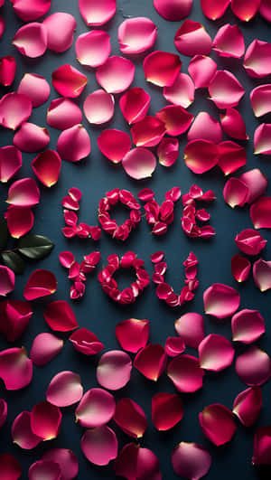 粉紅玫瑰花瓣在深藍綠色表面上拼出 love you — 花 壁紙