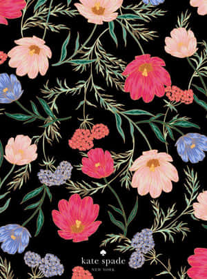 黑色背景上帶有粉紅色、藍色和蜜桃色花朵的彩色花卉圖案 — Kate spade 壁紙