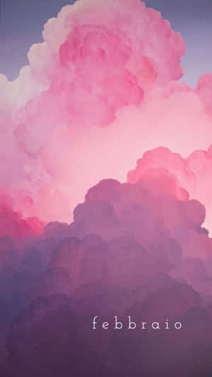夢幻天空中的粉紅色和紫色雲彩，帶有febbraio字樣 — 深色霓虹 iPhone 壁紙