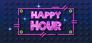 霓虹燈牌顯示「Happy Hour」，以粉紅色和綠色燈光呈現，背景為深藍色圓點。 — 美學粉色GIF 壁紙