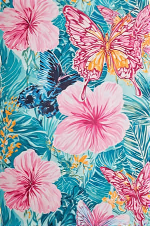 以粉紅色芙蓉花和蝴蝶為主題的熱帶壁紙，背景為青綠色葉子 — 土耳其藍 壁紙