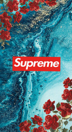 藍色大理石上的紅玫瑰，帶有金色斑點和紅色Supreme標誌。 — 玫瑰花 壁紙