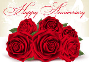 紅玫瑰與綠葉，下方有 'Happy Anniversary' 文字，用於慶祝。 — 慶祝 壁紙