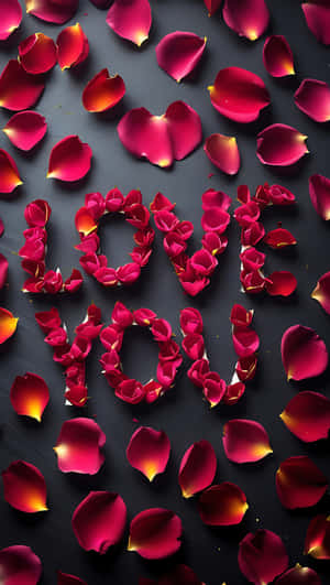 紅玫瑰花瓣在深色表面上拼出 love you，帶有黃色亮點 — 花 壁紙