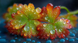 藍色表面上沾滿露珠的紅綠葉特寫 — 乾淨 壁紙