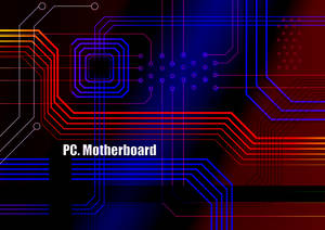 發光的紅色和藍色電路板圖案，帶有文字PC Motherboard — 平井もも 壁紙
