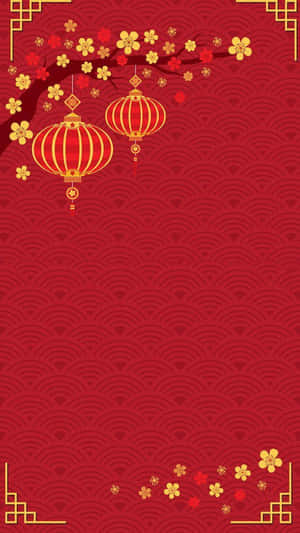 紅色背景，帶有金色燈籠和櫻花，適合農曆新年。 — 慶祝 壁紙