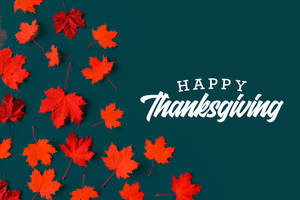 紅色楓葉和深青綠色背景上的「Happy Thanksgiving」文字 — 乾淨 壁紙