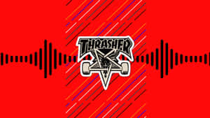 Thrasher雜誌標誌居中於紅色背景上，帶有音頻波形和彩色對角線條。 — Thrasher 壁紙