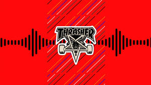 Thrasher雜誌標誌，帶惡魔角的滑板，紅色背景，音頻波形和對角線條。 — Thrasher 壁紙