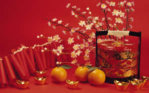 農曆新年裝飾，包括櫻花、金元寶和柑橘，置於紅色背景上。 — 新年快樂 2020 壁紙