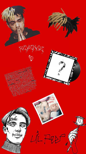 Lil Peep 拼貼畫，帶有紋身、專輯藝術和玫瑰，背景為紅色。 — 洛米安傳奇 壁紙