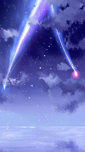 流星劃過平靜海洋之上的星空夜空。 — 紫色動漫美學 壁紙