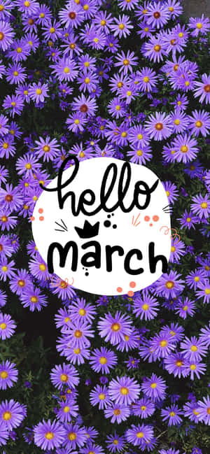 紫色花朵與hello march文字氣泡 — iPhone 17 壁紙