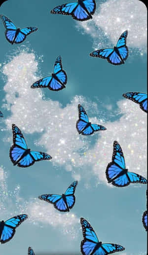 藍色蝴蝶在閃爍的天空中飛翔，伴有白雲。 — 美麗的蝴蝶 壁紙