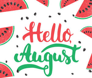 Hello August 問候語，帶有西瓜片和種子，白色背景 — 八月 壁紙