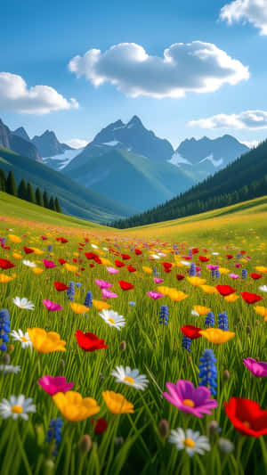 藍天白雲下，高山草甸上色彩繽紛的野花。 — 1440x2560 壁紙