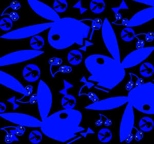 藍色 Playboy 兔子和櫻桃符號在黑色背景上重複圖案 — 花花公子 GIF 壁紙