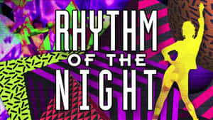 跳舞剪影在色彩繽紛的幾何背景上，帶有文字 rhythm of the night。 — 復古90年代風格 壁紙