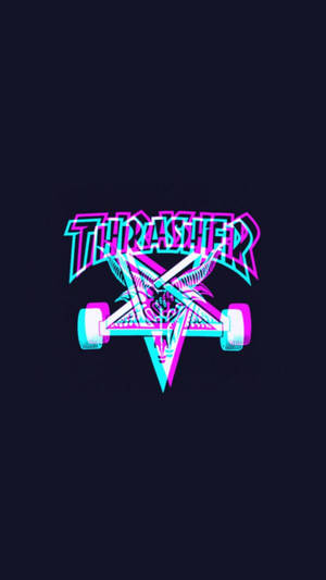 霓虹粉紅和青色Thrasher標誌，帶有骷髏滑板，背景為深色。 — Thrasher 壁紙