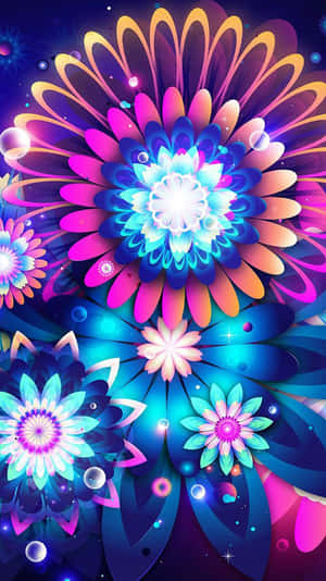 宇宙色彩的霓虹發光花朵，帶有漂浮球體和閃爍光芒。 — 花 iPhone 壁紙