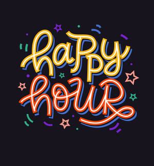 帶有彩色星星和五彩紙屑的 happy hour 慶祝圖形。 — Oppo Find N 壁紙