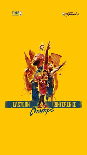 NBA東部聯盟冠軍籃球運動員在城市天際線剪影背景下慶祝勝利。 — 克里夫蘭騎士隊 壁紙