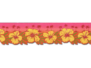 熱帶花卉邊框，芙蓉花和棕櫚樹映襯著粉紅色的日落天空。 — 花 壁紙