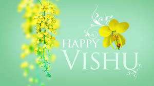 Happy Vishu 問候，帶有黃色花朵和薄荷綠色背景 — 淺綠色系 壁紙