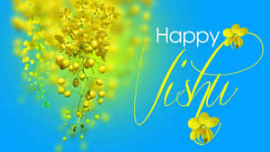 Happy Vishu 問候，配有黃色花朵和藍色漸變背景。 — 慶祝 壁紙